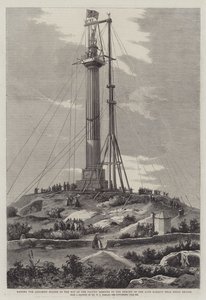 Elevando la estatua de Anglesey a la cima de la columna erigida en memoria del difunto marqués cerca del puente Menai
